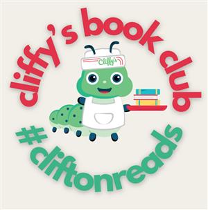 cartoon caterpillar dressed as a carhop with a tray of books
